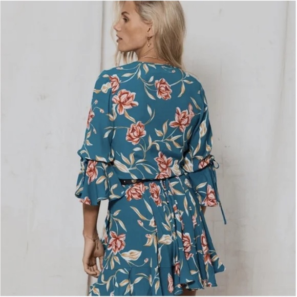 KIVARI Lucia Teal Floral Frill Wrap Mini Dress RRP$190 - Picture 2 of 16
